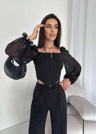 Блуза блузка шифонова жіноча нарядна святкова ділова чорна червона біла на 1 вересня з декольте гарна