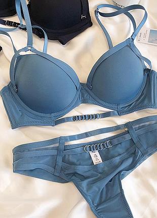 Комплект набор женского нижнего белья, лиф и трусики портупеями, с прозрачными вставками, пуш ап, на косточках