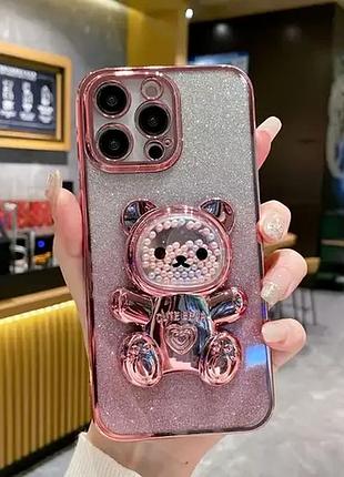 Чохол на телефон з блискітками 3d cute bear рожевий iphone 12