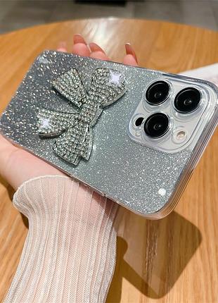 Чохол на телефон з блискітками 3d сріблястий бант iphone 13