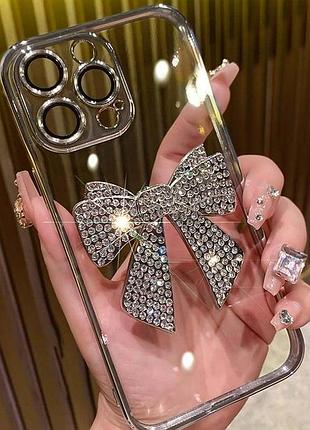 Чохол на телефон з блискітками 3d сріблястий бант iphone 12 pro max