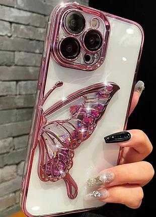 Чохол на телефон з блискітками 3d cute butterfly рожевий iphone 12