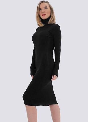 Плаття гольф з в'язаного трикотажу в рубчик, гарно сідає по фігурі, колір темний хаккі, комірець стійка, довжина міді, коттон-поліестер, cherry koko