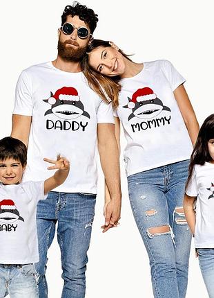 Набор: футболки фэмили лук family look для всей семьи "акулы в шапках санты" push it