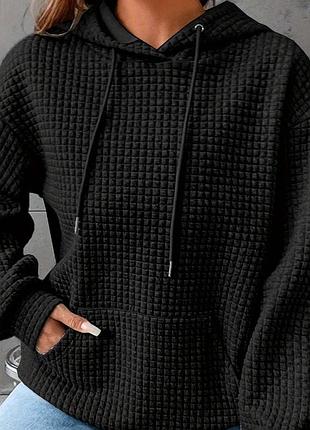 Повсякденний чорний світшот, жіночий світшот з однотонним вафельним візерунком, довгим рукавом і зав’язкою, капюшоном і кишенями