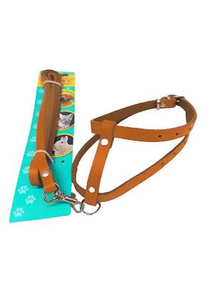 Шлейка  + поводок  кожаная 22-30см*26-38см коричневая