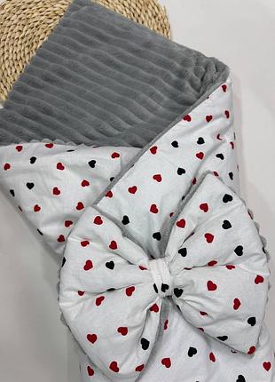 Теплий конверт плед на виписку з пологового будинку для немовлят плюшевий з бантом