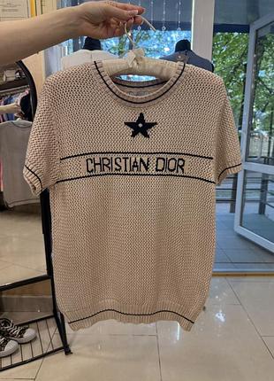 Женская бежевая ажурная вязаная кофта с коротким рукавом