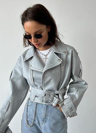 Блакитна косуха еко шкіра шкіряна косуха укорочена косуха оверсайз шкіряна шкіряна куртка еко шкіра