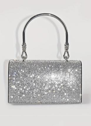 Серебристая мини сумочка люкс из страз, блестящая вечерняя сумочка стразы камни, серебряный клатч