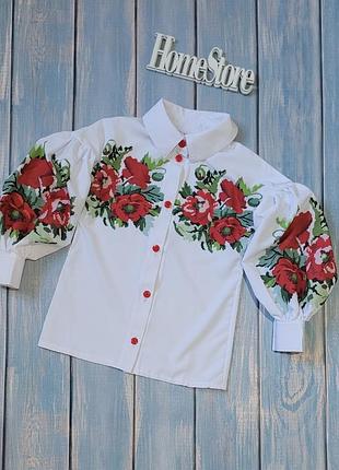 Белая рубашка с длинным рукавом для девочки, вышиванка