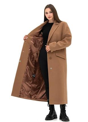 Пальто женское длинное шерстяное демисезонное, деловое, элегантное, кэмел