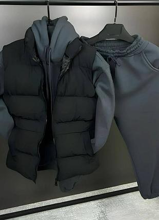 Чоловічий костюм трійка, на флісі ,жилет, джоггери, худі з капюшоном, теплий жилетка дутик