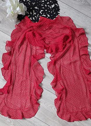 Шёлковый красный легкий шарфик в белый горошек country (160 см на 31 см)