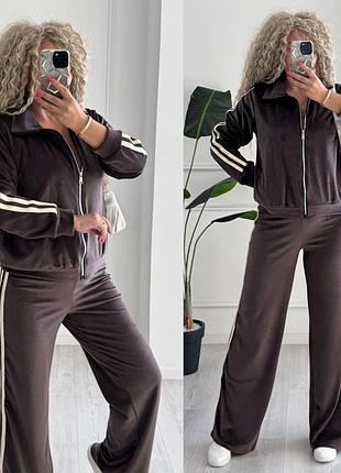 Стильный женский велюровый спортивный костюм с лампасами