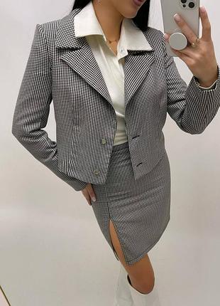 Розпродаж🏷 80% шерсть вовна класичний костюм спідниця на високій талії з розрізом і вкорочений піджак в гусячу лапку