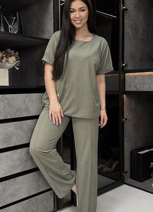 Брючный костюм, туника, широкие брюки палаццо, батал