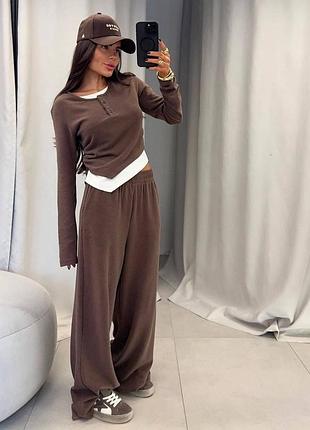 Жіночий брючний трикотажний костюм двонитка кофта і штани шоколад