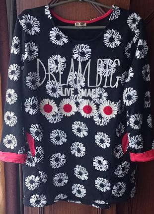 Свитшот теплый с удлиненной спиной,olko, xxl, черный в цветочный принт.