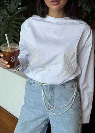 Женский стильный лонгслив с кружевом с имитацией лифа
