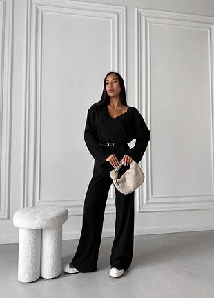 Теплий жіночий вʼязаний брючний костюм ангора в рубчик з начосом