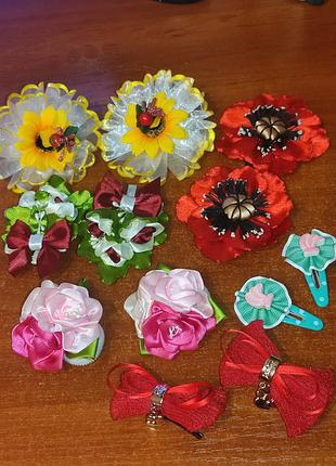 Заколки банты на резинке цветы маки ромашки розы ручная работа бантики на резинке для волос школьные