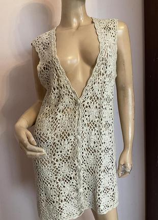 Натуральный удлиненный ажурный жилет/ s- m/