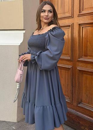 Платье женское батал приталенное с открытыми плечами с рукавами фонариками пышная юбка нарядное вечернее серое графитовое