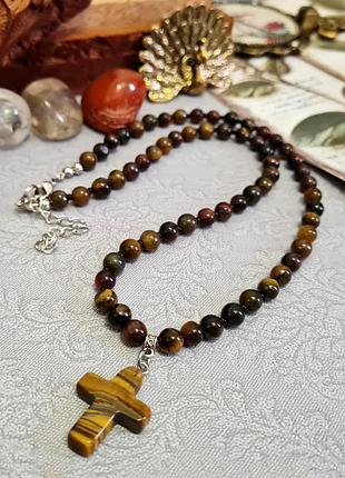 🔺🐯🐅 намисто чокер з підвіскою "хрестик" натуральний камінь тигровий, соколиний та бичие око