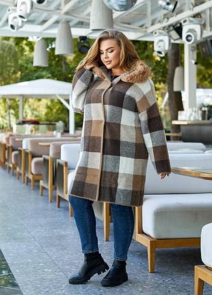 Пальто женское альпака с мехом батал коричневый 48-54 р