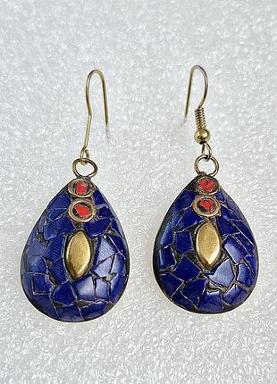 Серьги женские лазурит коралл индейка латунь