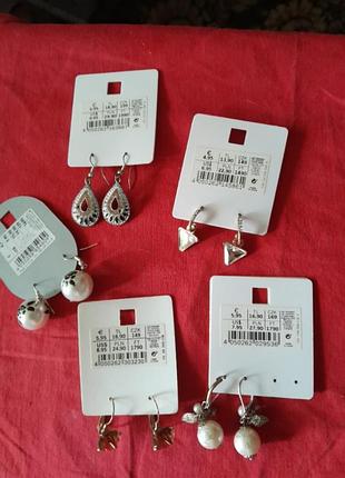 Біжутерія,сережки,з цирконами,жемчужинами,янтарем,c&a
