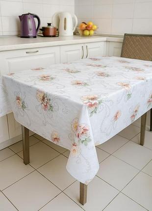 Скатертина клейонка з ніжними квітами та перлами, ламінована на основі