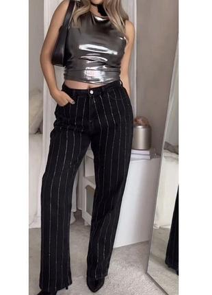 Стильные черные джинсы с камнями в полоску блестящими стразами rita ora x primark 40/l