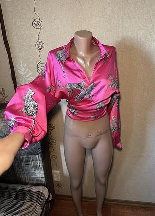 Ексклюзивна рожева сорочка з білими леопардами та обʼємними рукавами