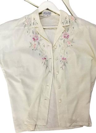 Распродажа!!️винтажная блузка молочная рубашка с вышивкой и жемчужинами