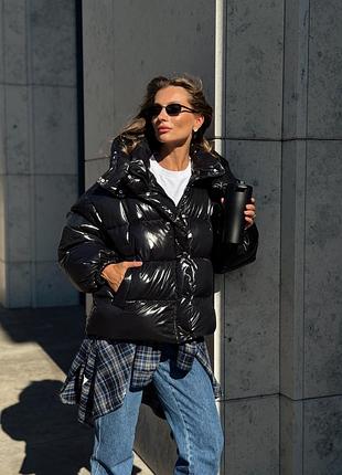 Пуффер пуховик короткий женский глянцевый