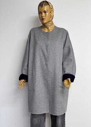 Marina rinaldi max mara вовняне пальто кокон двостороннє сіре синє обʼємне оверсайз пряме 100% вовна великий розмір батал 3xl 4xl 46 48