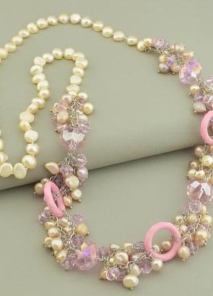 Колье из жемчуга и чешского хрусталя 80см бусы