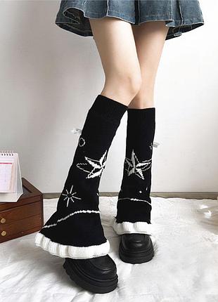 Чорні кльошні гетри з рюшами 5641 52 см розкльошені гольфи на ноги з зірочками і рюшами теплі демісезон жіночі підліткові