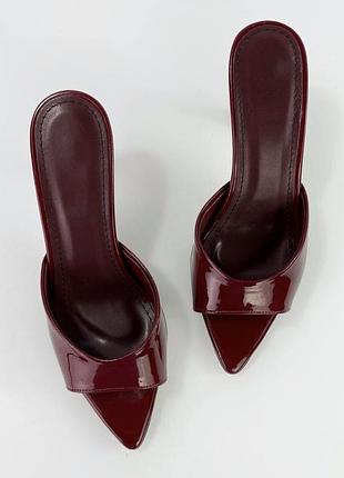 ▪️7,5 см маленький каблук жіночі босоніжки шльопанці мюлі сабо марсала бургунді бордові лак женские босоножки шлепанцы мюли марсала бургунди бордовые