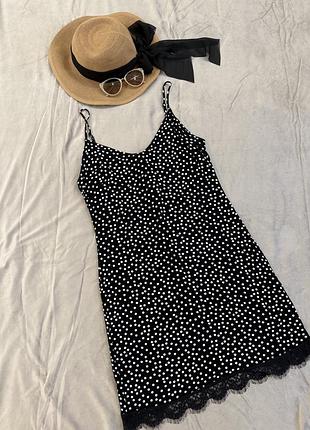 Сукня на бретельках сарафан з мереживом в горошок