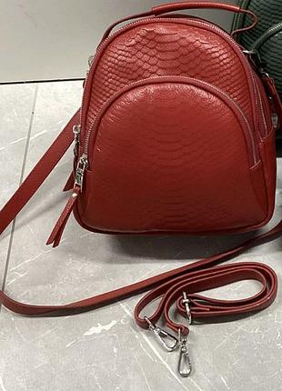 Интересный сумка-рюкзак из натуральной кожи с тиснением ( красный, зеленый, розовый)