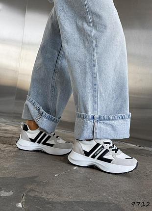 Кроссовки женские белые + серый + черный, экокожа 9712