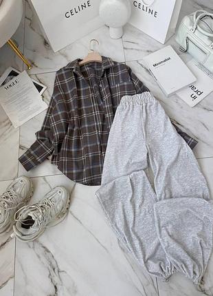 Стильний жіночий костюм двійка брюки штани та рубашка сорочка у клітинку сірий з рожевим та блакитний