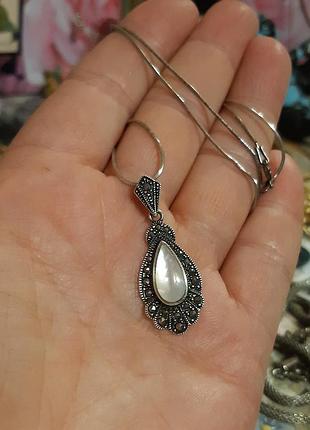 Кулон підвіска перламутр баламут, марказити срібло 925, ланцюг вінтаж italy 925