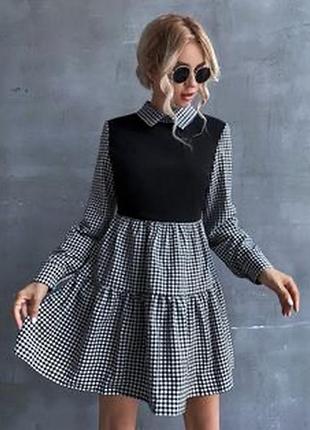 Платье в клетку shein, черное, с белым воротником, элегантное,