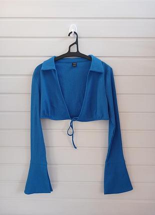 Синя жіноча накидка на зав'язці спереду, довгий рукав