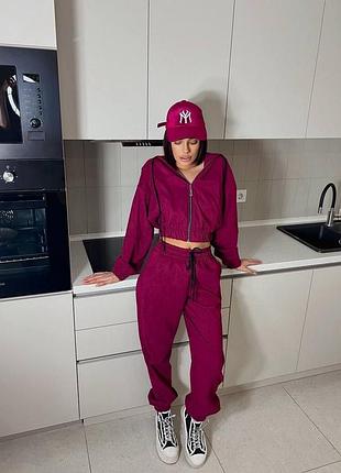 Жіночий повсякденний спортивний костюм двійка штани та укорочена кофта на змійці з капюшоном тканина мікровельвет