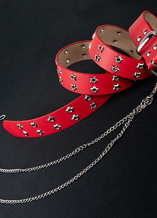 Ремень со звездами красный и цепочками 9937-39 длина 105см с металлическими цепями